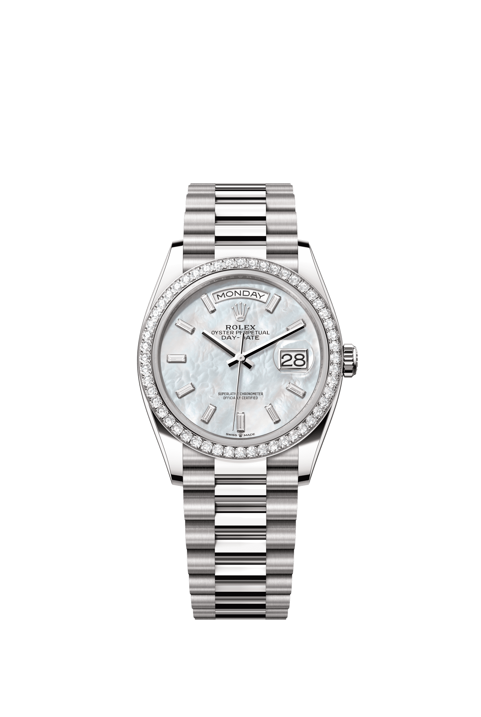 Rolex Day-Date 36mm White Mother-Of-Pearl Diamond Dial White Gold m128349rbr-0049 - WATCHXNYC