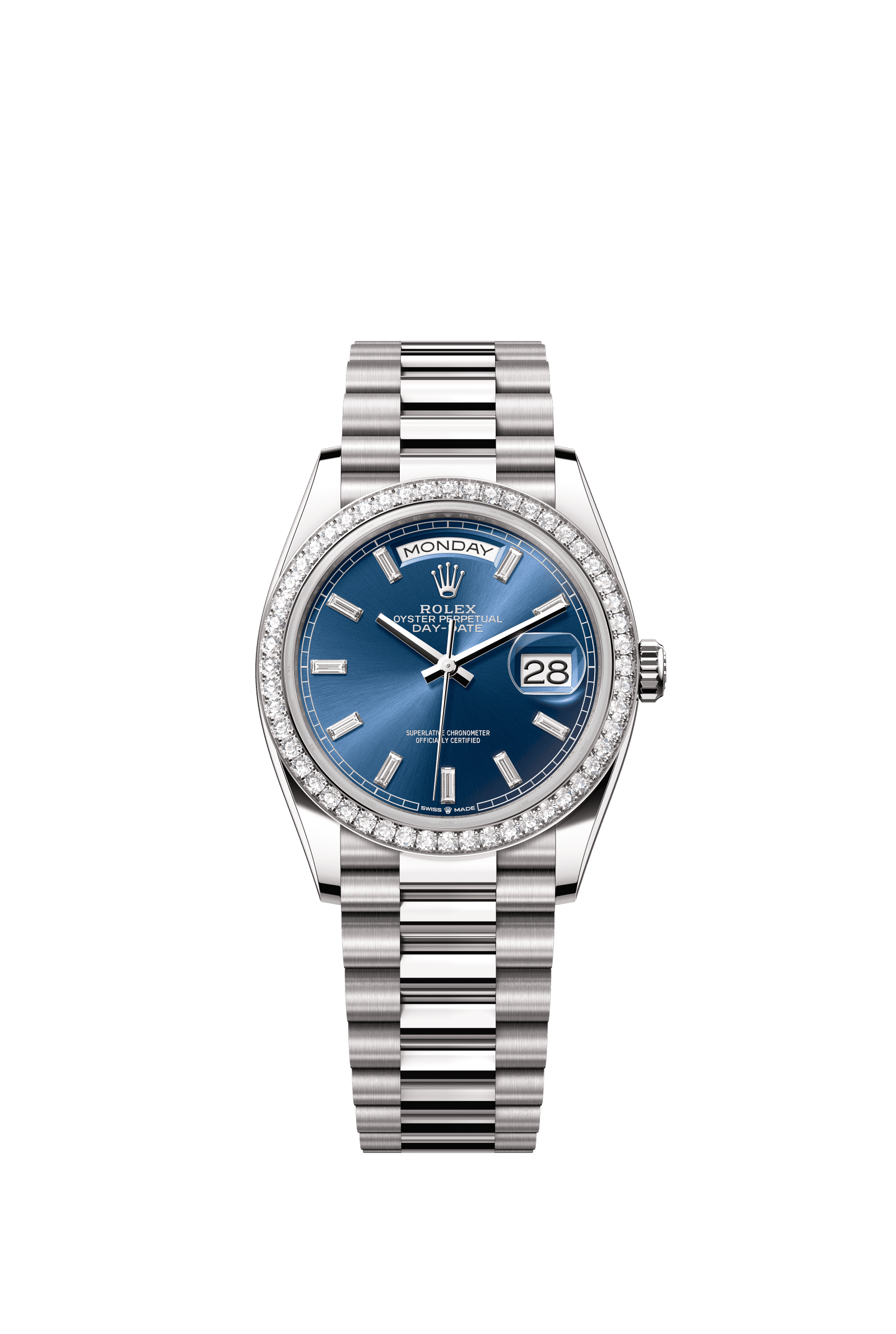 Rolex Day-Date 36mm Bright Blue Diamond Dial White Gold m128349rbr-0051 - WATCHXNYC