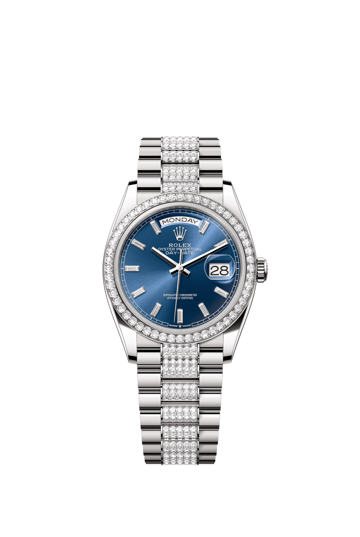 Rolex Day-Date 36mm Bright Blue Diamond Dial White Gold m128349rbr-0052 - WATCHXNYC
