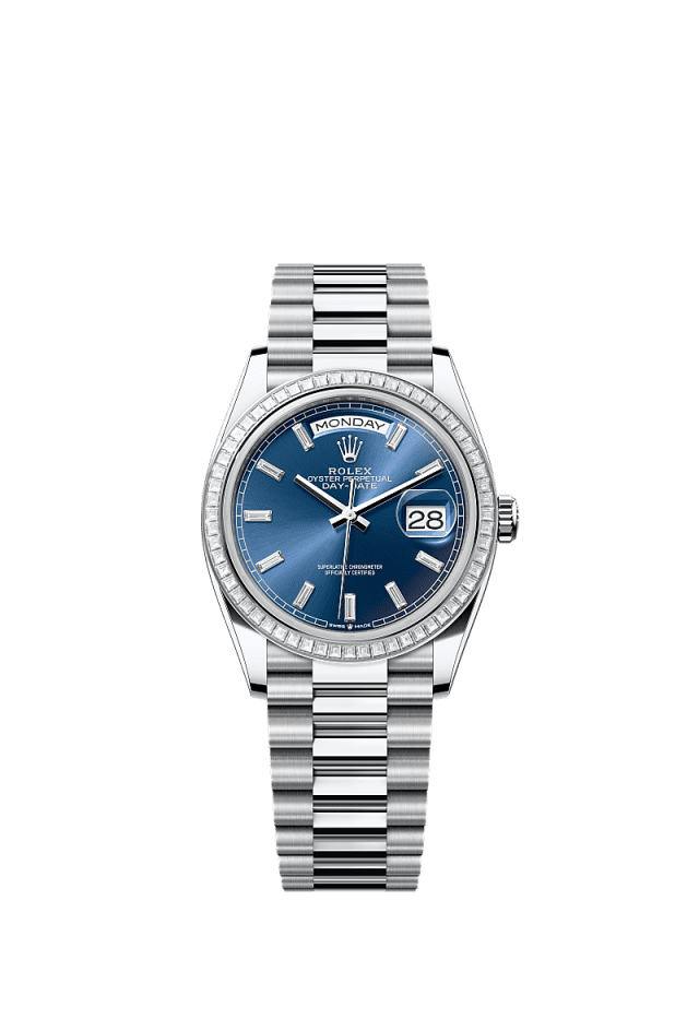 The Oyster Perpetual Day-Date 36 in platinum, with a bright blue, diamond-set dial, diamond-set bezel and a President bracelet. - WATCHXNYC