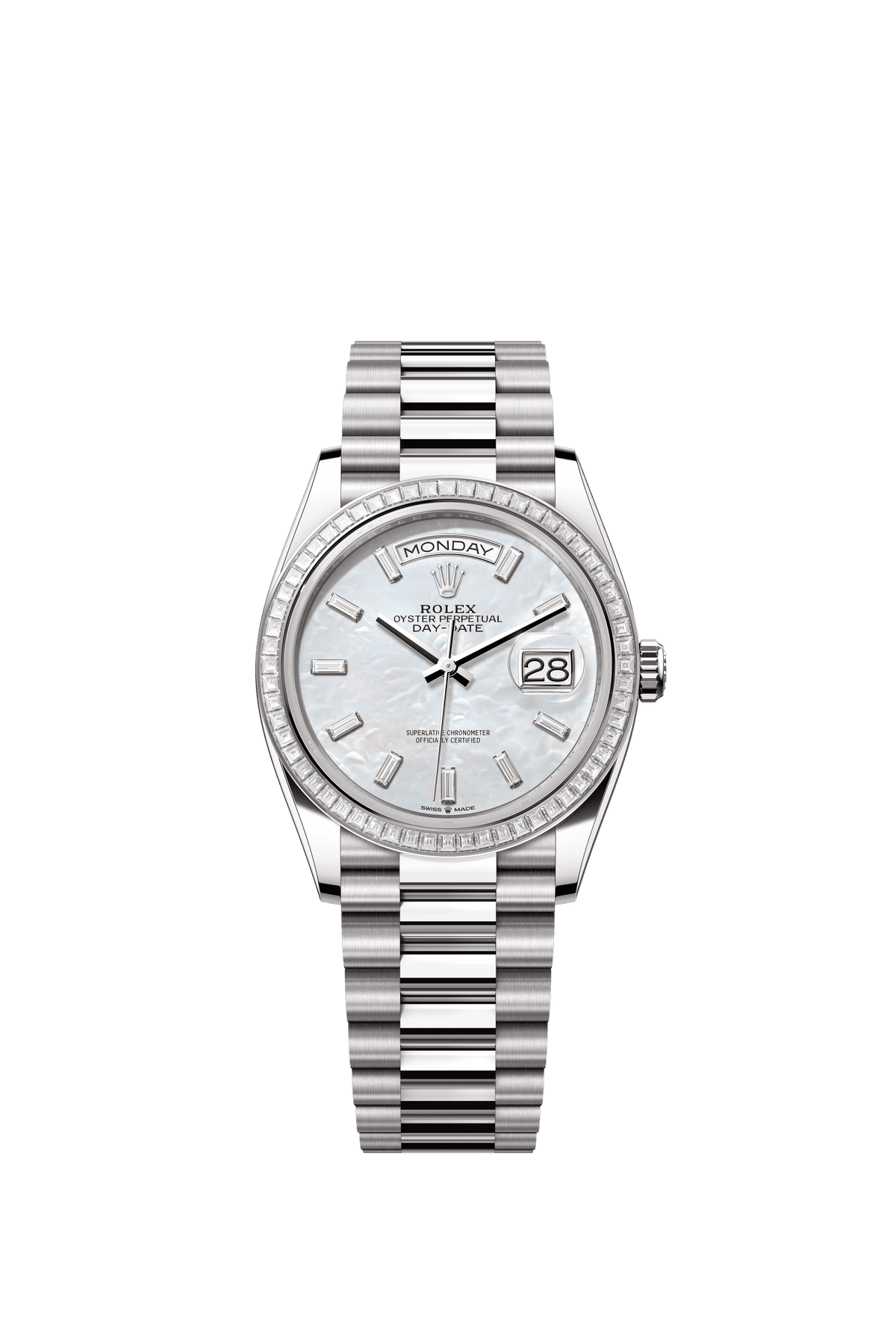 Rolex Day-Date 36mm White Mother-Of-Pearl Diamond Dial White Gold m128399tbr-0023 - WATCHXNYC