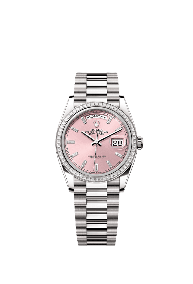 Rolex Day-Date 36mm Pink Diamond Dial White Gold 128399TBR - WATCHXNYC