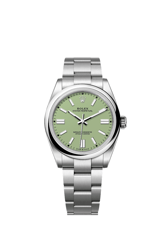 The Oyster Perpetual 41 with a pistachio dial and an Oyster bracelet. - WATCHXNYC