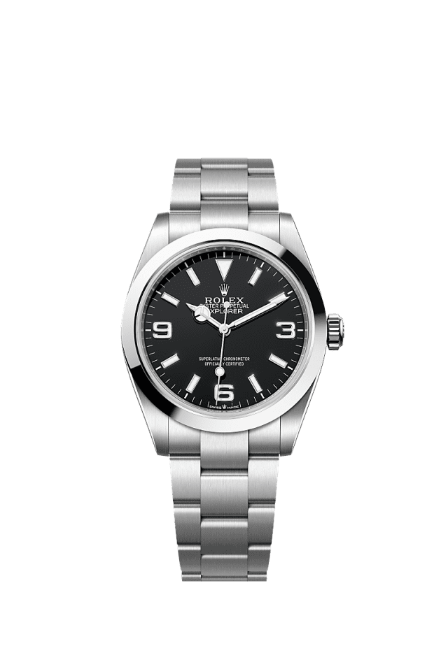 The Oyster Perpetual Explorer 40 in Oystersteel features a distinctive black dial with characteristic 3, 6, and 9 numerals with a Chromalight display. - WATCHXNYC