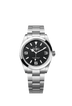 The Oyster Perpetual Explorer 40 in Oystersteel features a distinctive black dial with characteristic 3, 6, and 9 numerals with a Chromalight display.