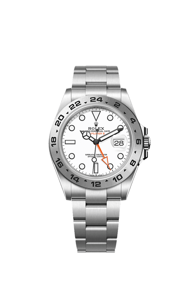 This Oyster Perpetual Explorer II in Oystersteel with an Oyster bracelet features a white dial with an arrow-shaped 24-hour hand and hour markers with a Chromalight display. - WATCHXNYC
