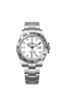 This Oyster Perpetual Explorer II in Oystersteel with an Oyster bracelet features a white dial with an arrow-shaped 24-hour hand and hour markers with a Chromalight display.