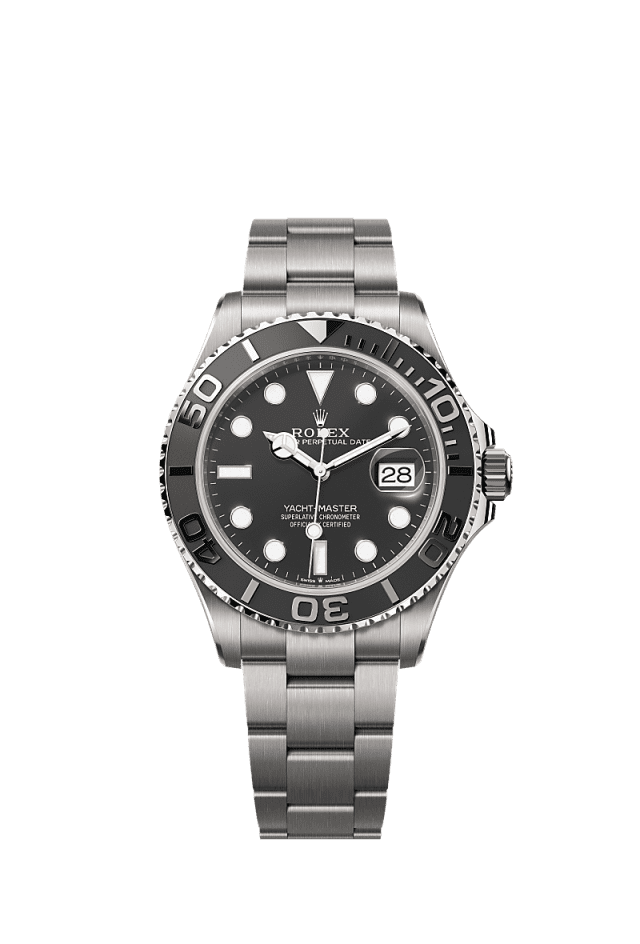 The Oyster Perpetual Yacht-Master 42 in RLX titanium with an intense black dial and an Oyster bracelet. - WATCHXNYC