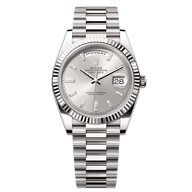 Rolex Day-Date 40mm Silver Diamond Dial White Gold 228239-0003 - WATCHXNYC