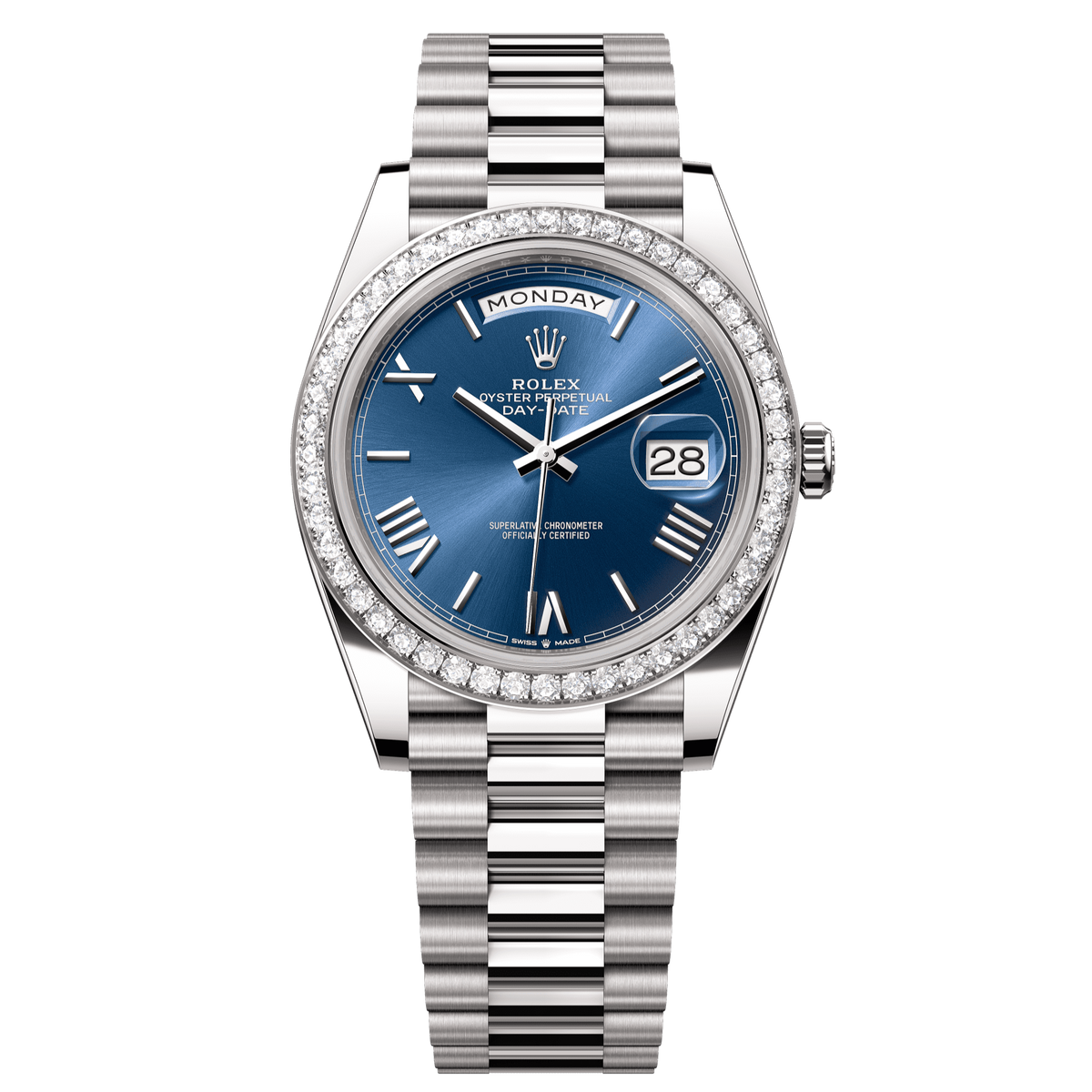 Rolex Day-Date 40mm Bright Blue Dial White Gold 228349RBR - WATCHXNYC