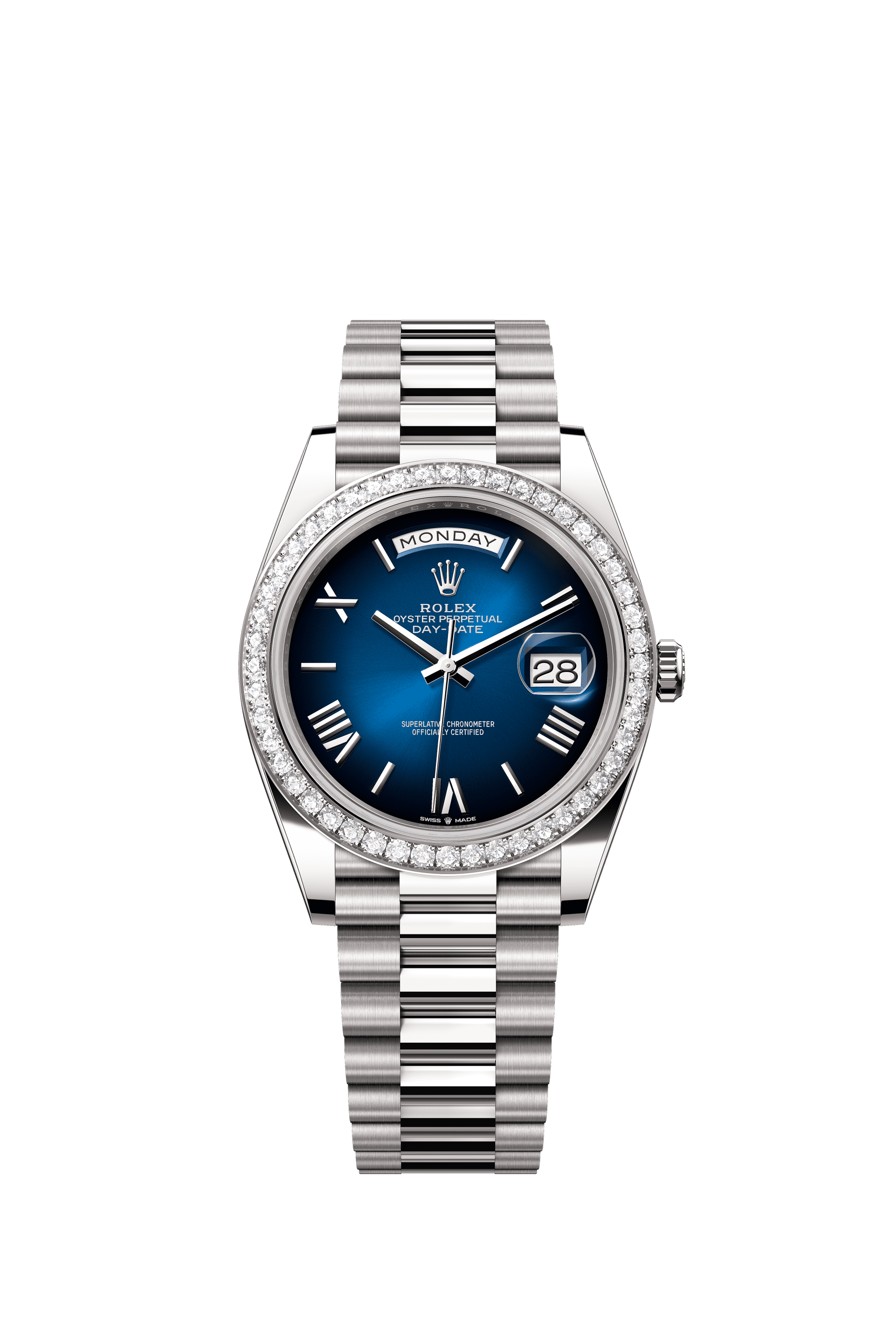 Rolex Day-Date 40mm Blue Ombré Dial White Gold 228349RBR - WATCHXNYC