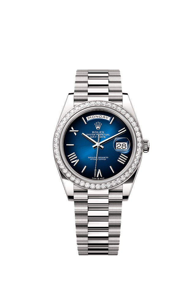 Rolex Day-Date 40mm Blue Ombré Dial White Gold 228349RBR - WATCHXNYC
