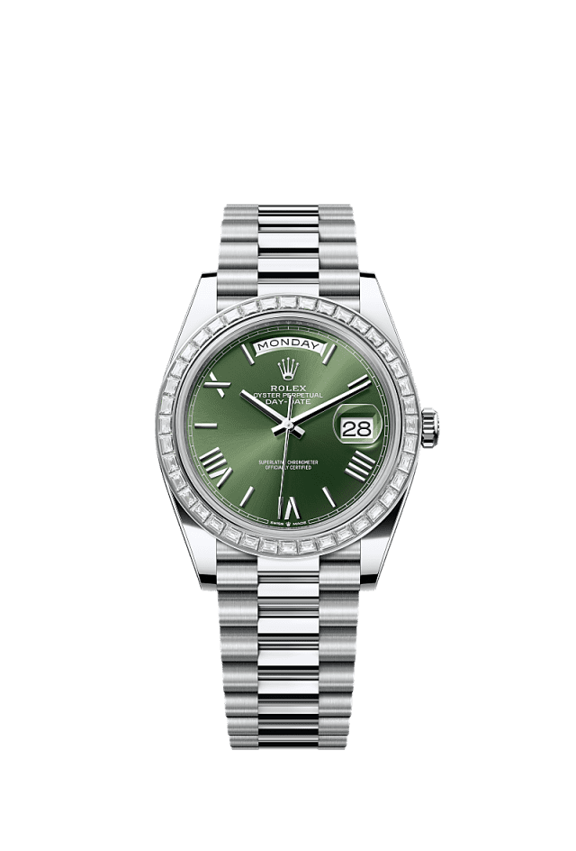 Rolex Day-Date 40mm Olive Green Dial Platinum &amp; Diamonds 228396TBR - WATCHXNYC