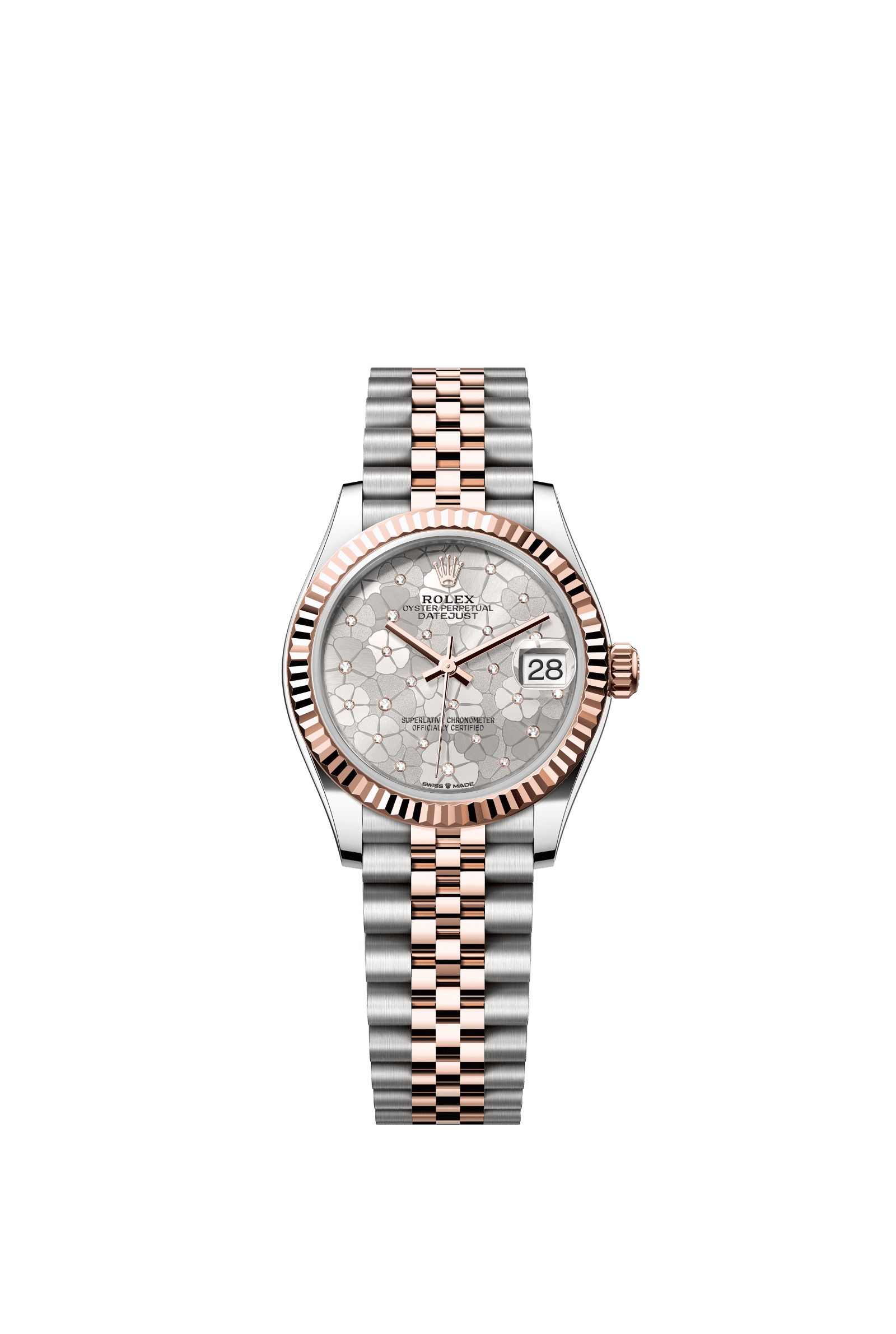 Rolex Datejust 31mm Silver Floral-Motif Diamond Dial Oystersteel &amp; Everose Gold m278271-0032 - WATCHXNYC