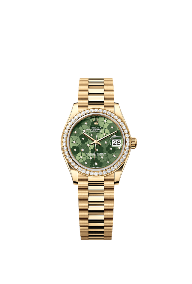 Rolex Datejust 31mm Olive-Green Floral-Motif Diamond Dial Yellow Gold m278288rbr-0038 - WATCHXNYC