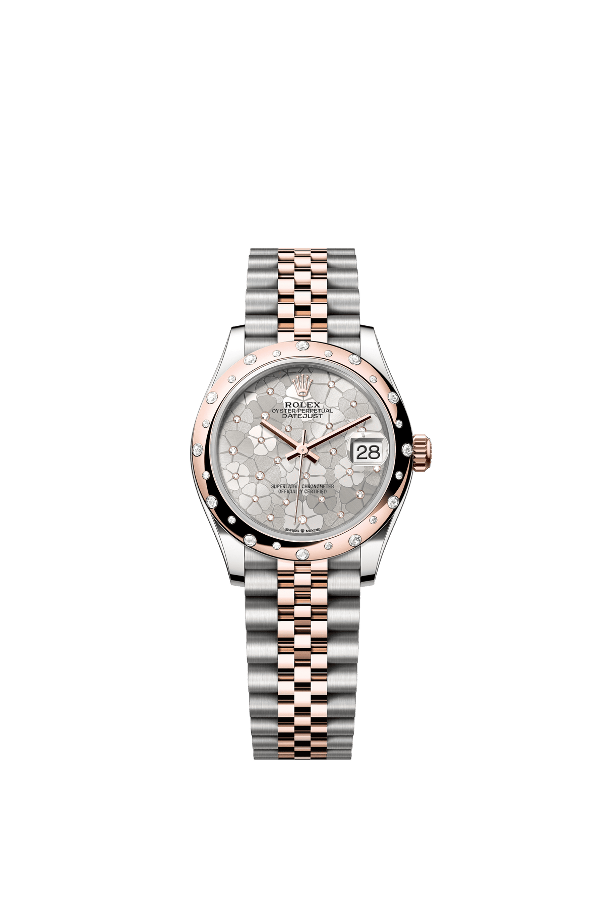 Rolex Datejust 31mm Silver Floral-Motif Diamond Dial Oystersteel &amp; Everose Gold m278341rbr-0032 - WATCHXNYC