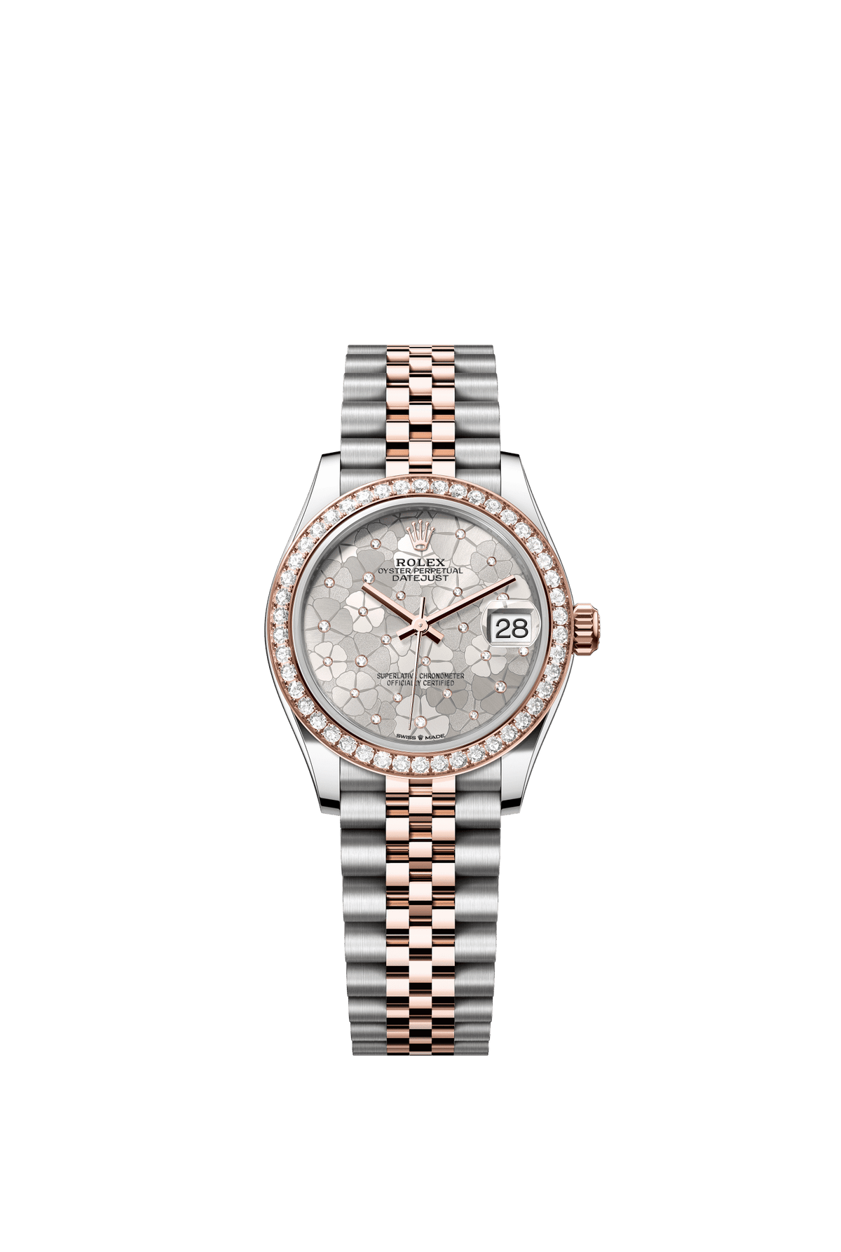 Rolex Datejust 31mm Silver Floral-Motif Diamond Dial Oystersteel &amp; Everose Gold m278381rbr-0032 - WATCHXNYC