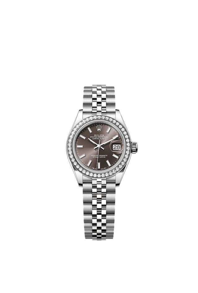 This Oyster Perpetual Lady-Datejust in Oystersteel and white gold features a dark grey dial and a Jubilee bracelet. - WATCHXNYC