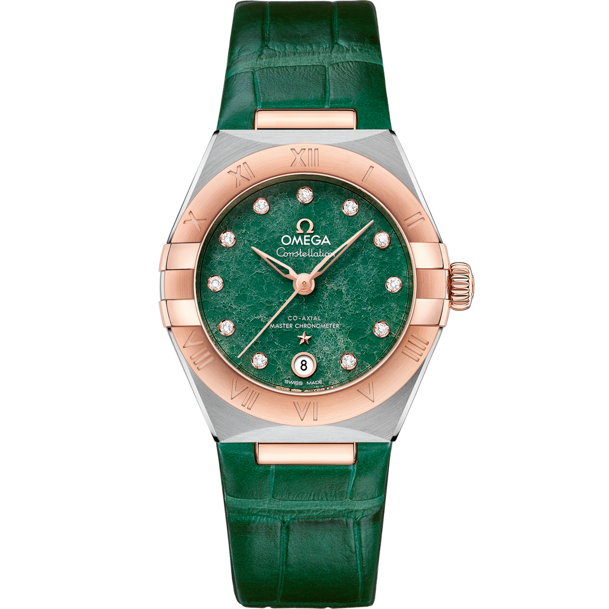 Omega Constellation 29 mm Green Dial with Diamonds Stainless Steel and Sedna™ 18k Rose Gold Strap 131.23.29.20.99.001 - WATCHXNYC