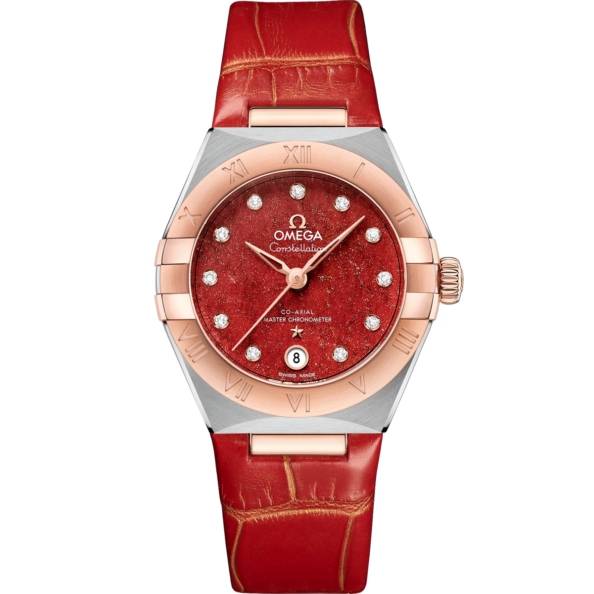 Omega Constellation 29 mm Red Dial with Diamonds Stainless Steel and Sedna™ 18k Rose Gold Strap 131.23.29.20.99.002 - WATCHXNYC