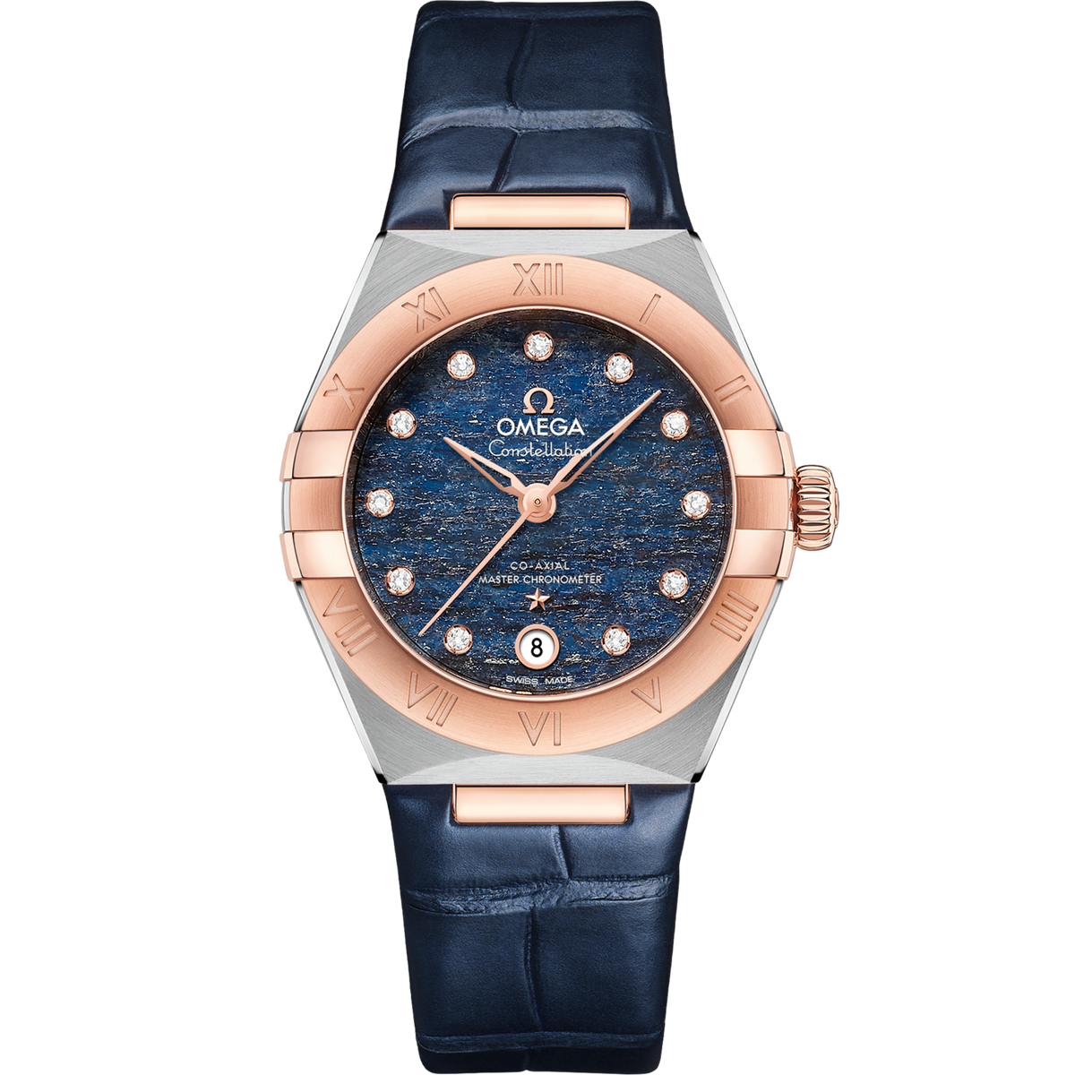 Omega Constellation 29 mm Blue Dial with Diamonds Stainless Steel and Sedna™ 18k Rose Gold Strap 131.23.29.20.99.003 - WATCHXNYC
