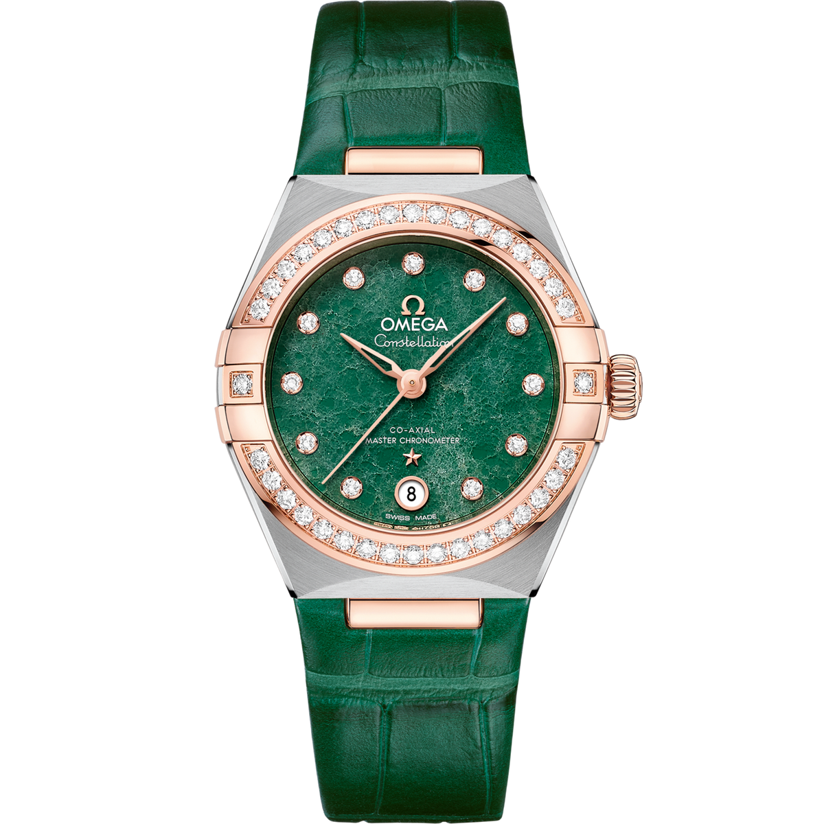 Omega Constellation 29 mm Green Dial with Diamonds Stainless Steel and Sedna™ 18k Rose Gold Strap 131.28.29.20.99.001 - WATCHXNYC