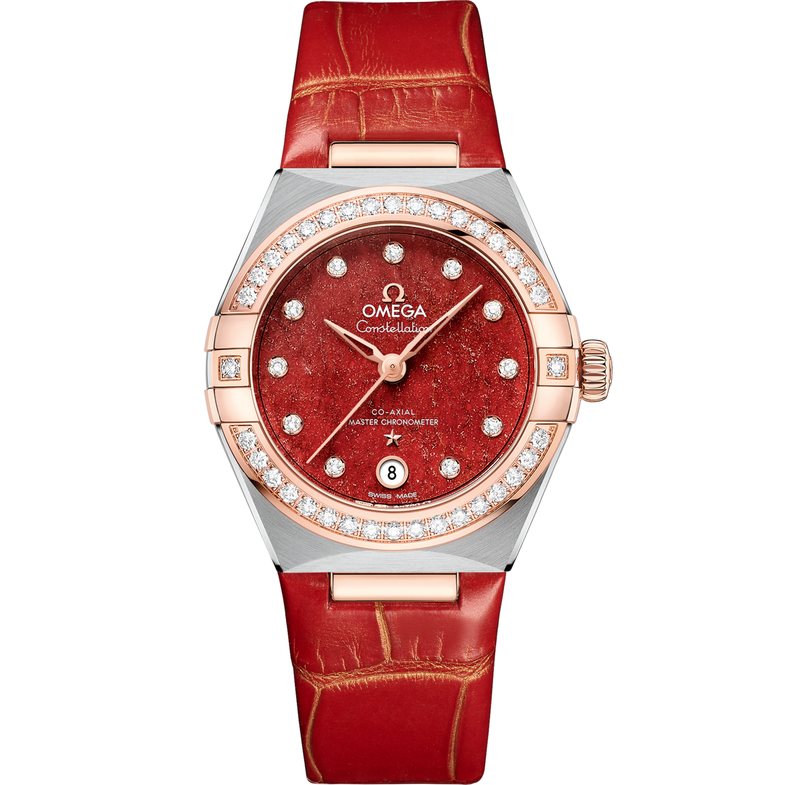 Omega Constellation 29 mm Red Dial with Diamonds Stainless Steel and Sedna™ 18k Rose Gold Strap 131.28.29.20.99.002 - WATCHXNYC