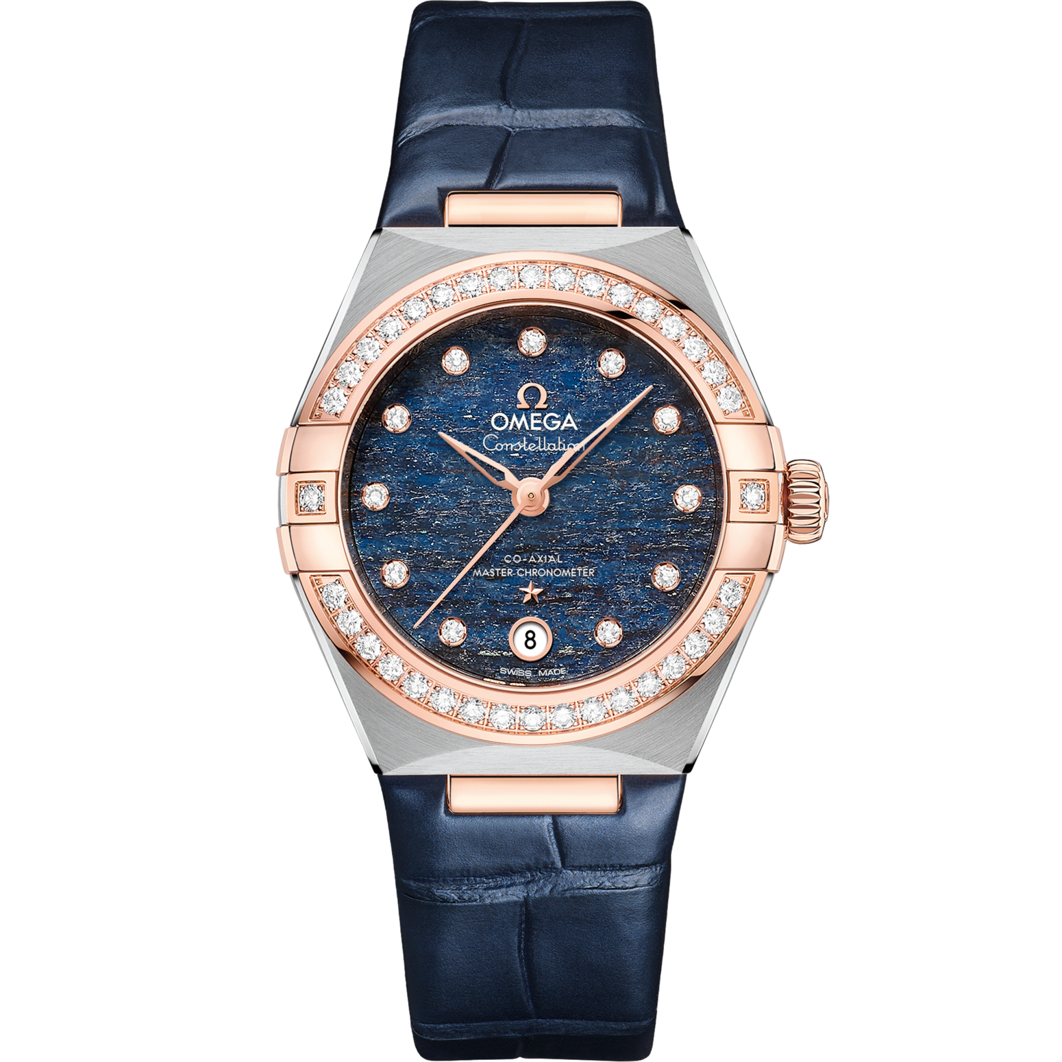 Omega Constellation 29 mm Blue Dial with Diamonds Stainless Steel and Sedna™ 18k Rose Gold Strap 131.28.29.20.99.003 - WATCHXNYC