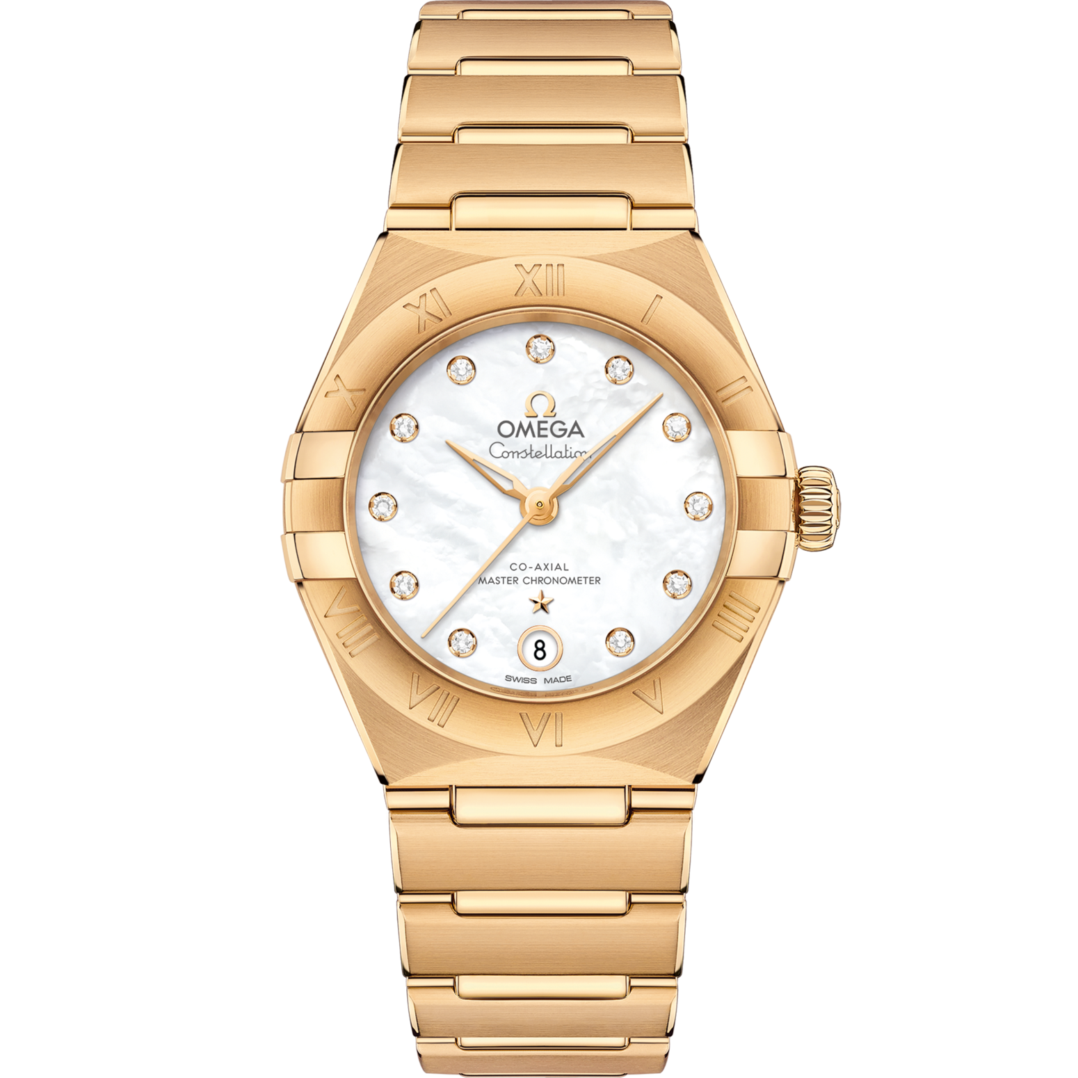 Omega Constellation 29 mm White Dial with Diamonds 18k Yellow Gold Bracelet 131.50.29.20.55.002 - WATCHXNYC