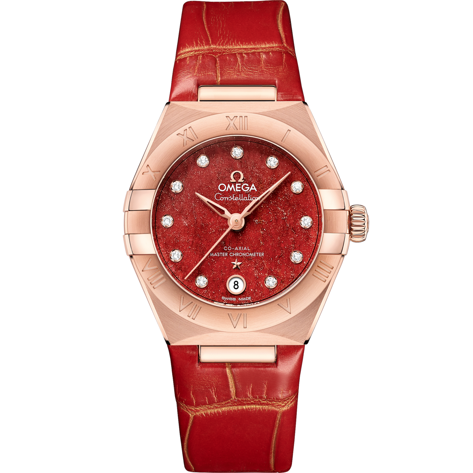 Omega Constellation 29 mm Red Dial with Diamonds Sedna™ 18k Rose Gold Strap 131.53.29.20.99.003 - WATCHXNYC