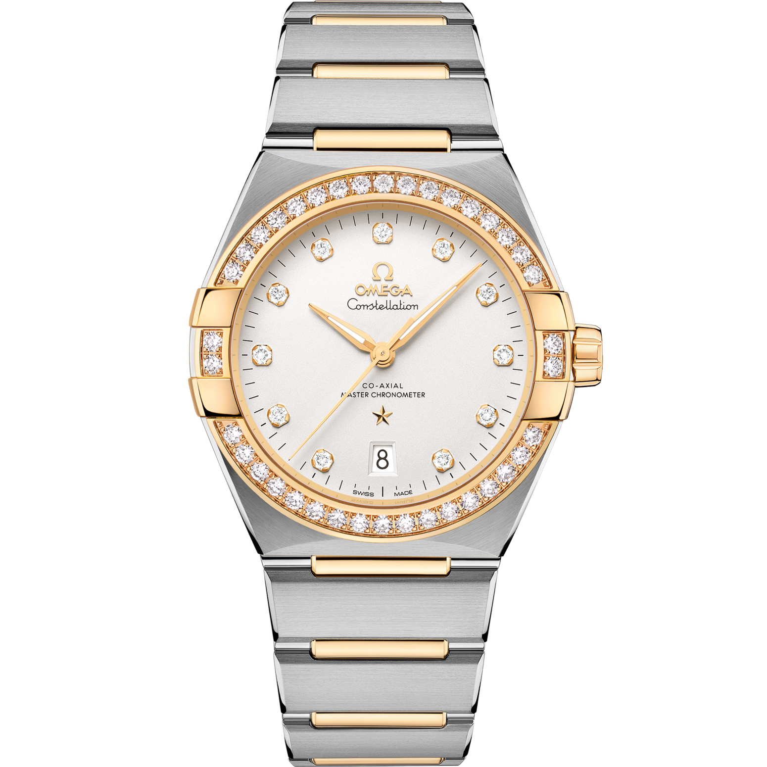 Omega Constellation 39 mm Silver Dial with Diamonds Stainless Steel and Sedna™ 18k Yellow Gold Bracelet 131.25.39.20.52.002 - WATCHXNYC