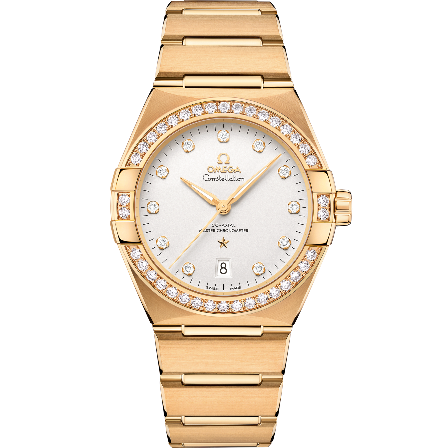 Omega Constellation 39 mm Silver Dial with Diamonds 18k Yellow Gold Bracelet 131.55.39.20.52.002 - WATCHXNYC