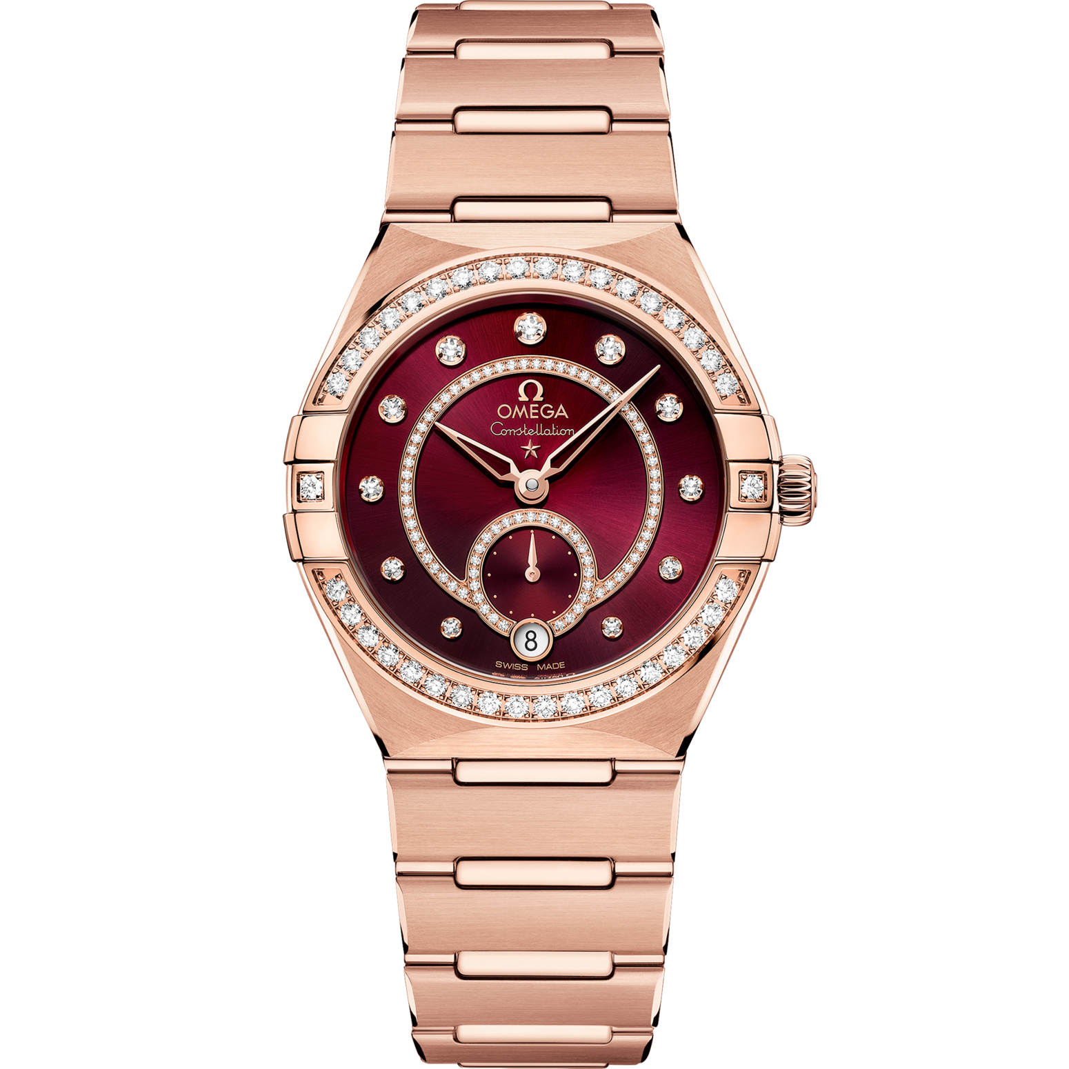 Omega Constellation 34 mm Red Dial with Diamonds Sedna™ 18k Rose Gold Bracelet 131.55.34.20.61.001 - WATCHXNYC