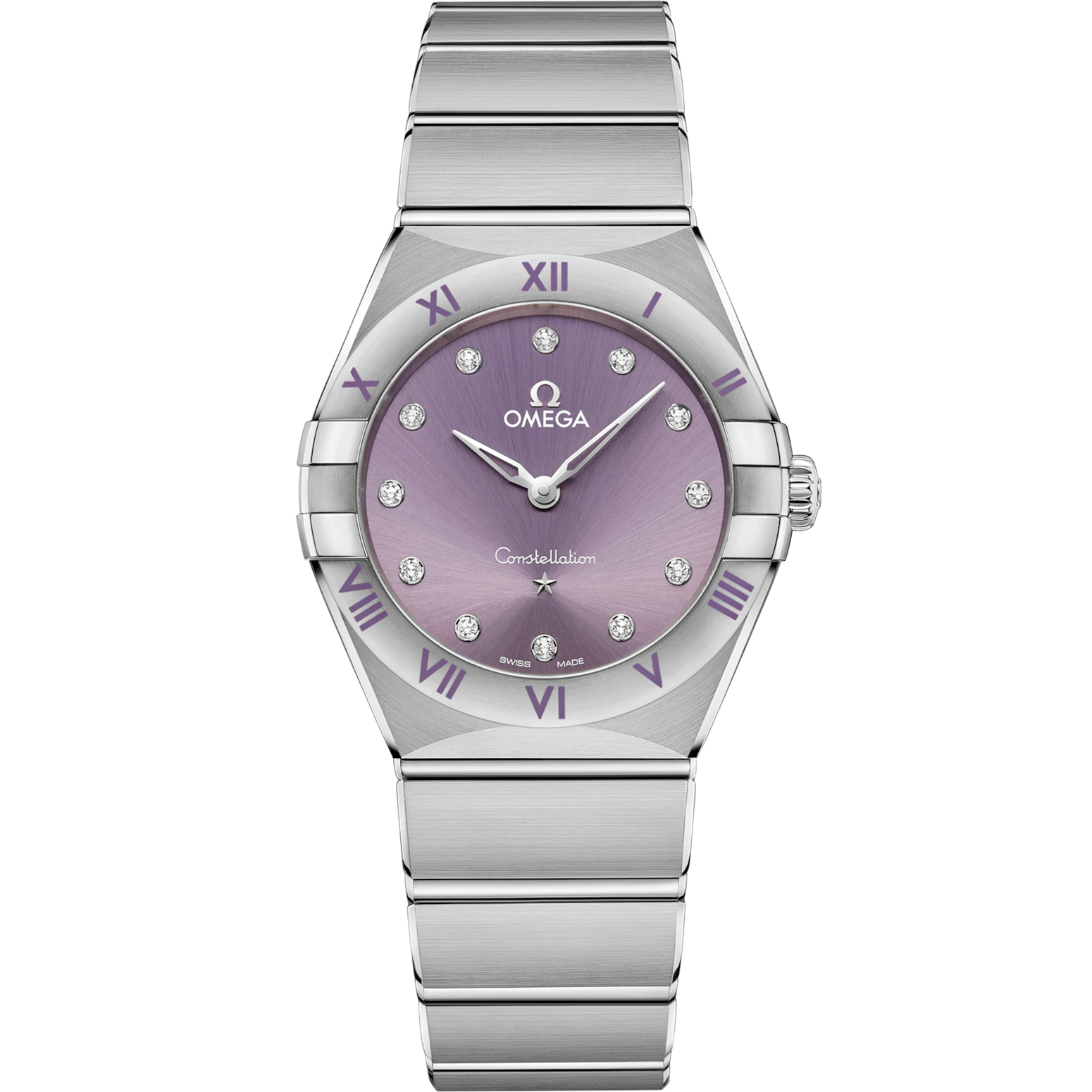 Omega Constellation 28 mm Purple Dial with Diamonds Stainless Steel Bracelet 131.10.28.60.60.002 - WATCHXNYC