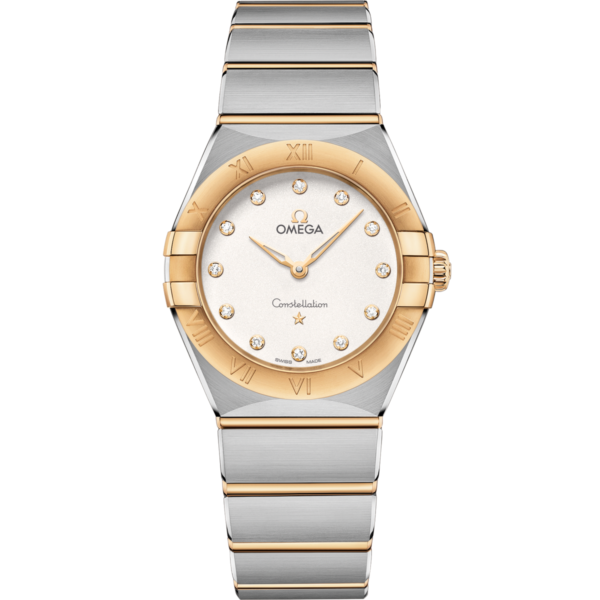 Omega Constellation 28 mm Silver Dial with Diamonds Stainless Steel Sedna™ 18k Yellow Gold Bracelet 131.20.28.60.52.002 - WATCHXNYC