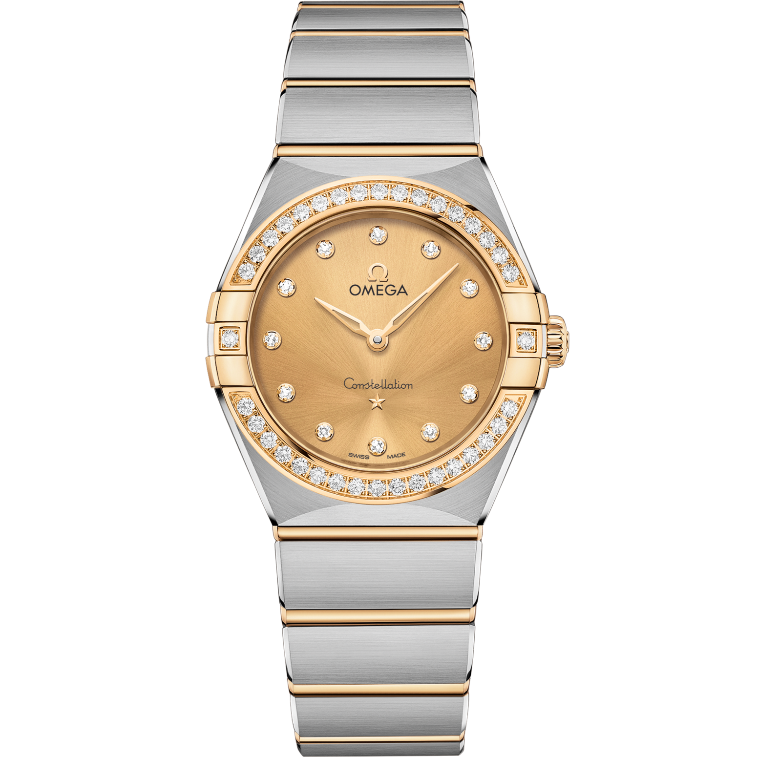 Omega Constellation 28 mm Yellow Dial with Diamonds Stainless Steel Sedna™ 18k Yellow Gold Bracelet 131.25.28.60.58.001 - WATCHXNYC