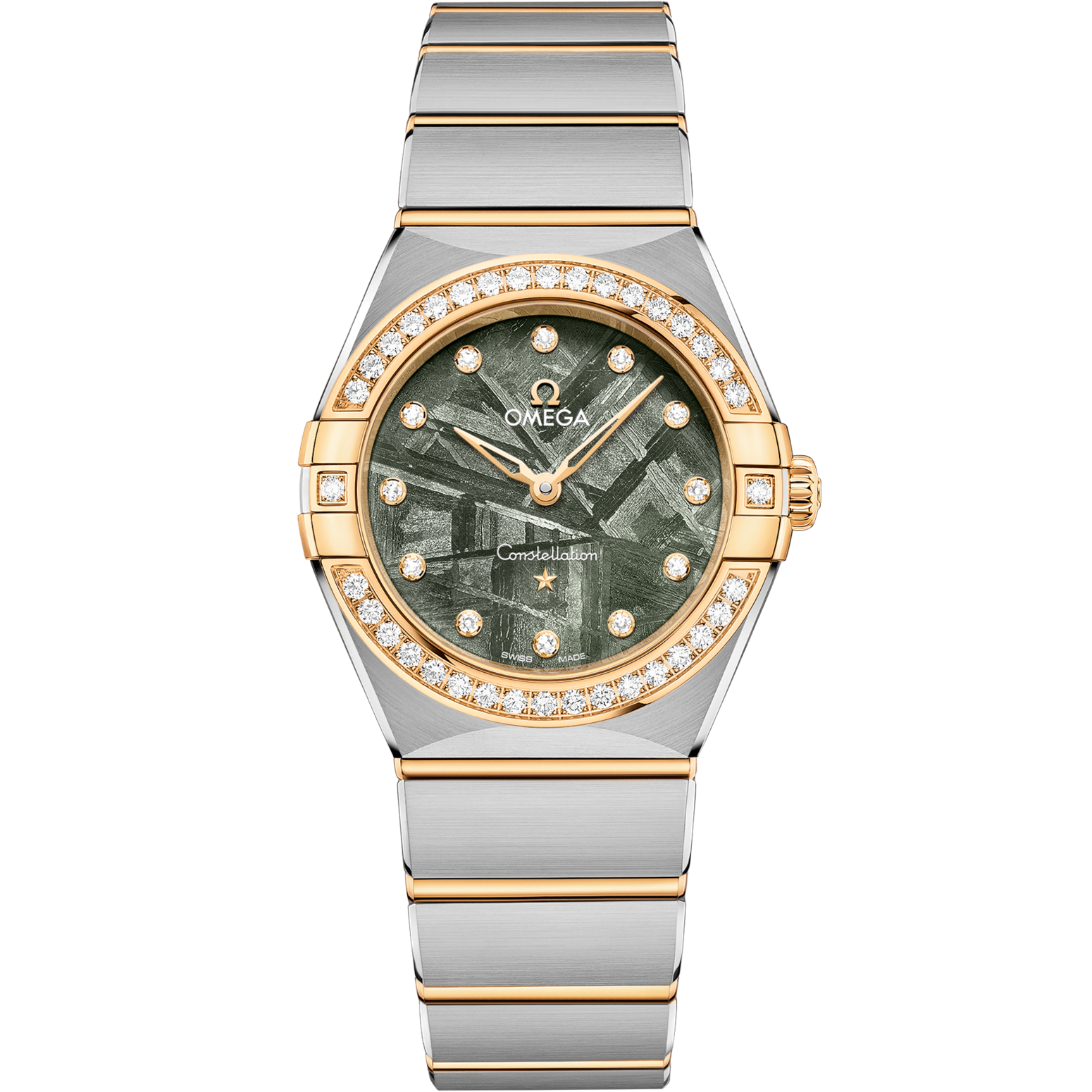 Omega Constellation 28 mm Green Dial with Diamonds Stainless Steel Sedna™ 18k Yellow Gold Bracelet 131.25.28.60.99.002 - WATCHXNYC