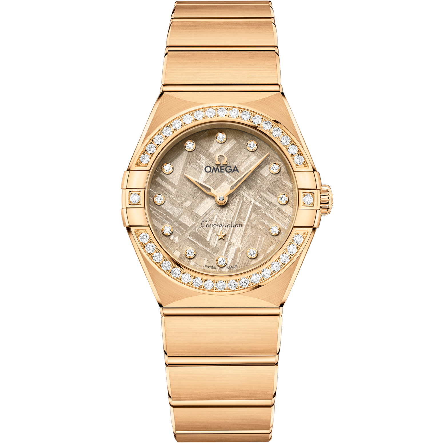Omega Constellation 28 mm Linen Dial with Diamonds 18k Yellow Gold Bracelet 131.55.28.60.99.006 - WATCHXNYC