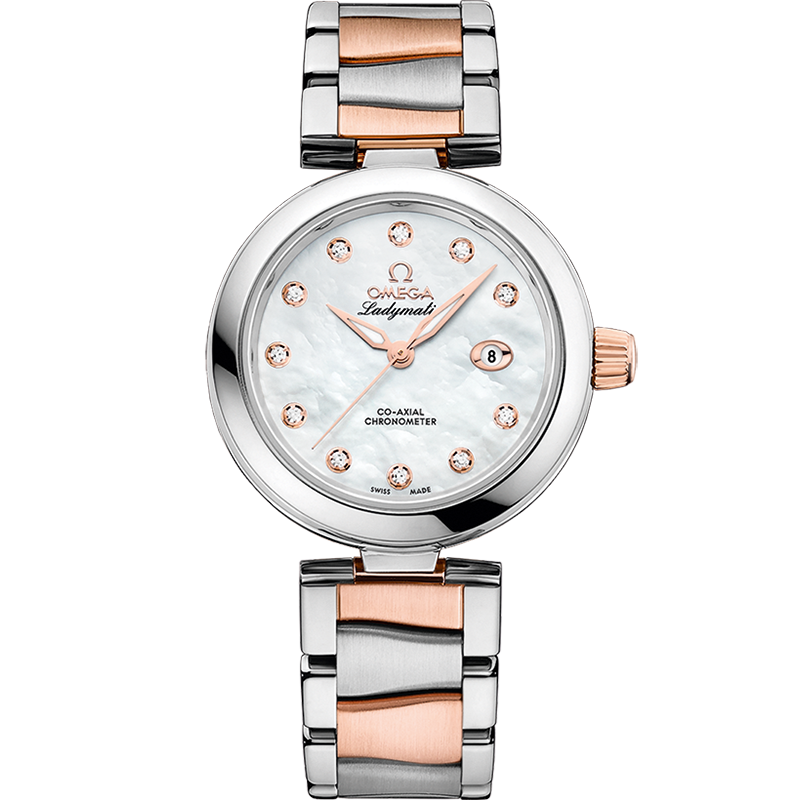 Omega De Ville Ladymatic 34 mm White Dial with Diamonds  Stainless Steel Sedna™ 18k Rose Gold Bracelet 425.20.34.20.55.004 - WATCHXNYC