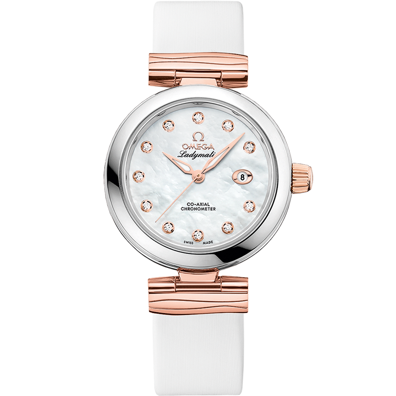 Omega De Ville Ladymatic 34 mm White Dial with Diamonds  Stainless Steel Sedna™ 18k Rose Gold Strap 425.22.34.20.55.004 - WATCHXNYC