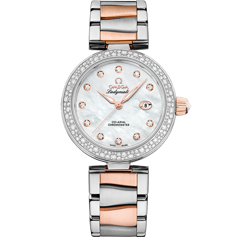 Omega De Ville Ladymatic 34 mm White Dial with Diamonds  Stainless Steel Sedna™ 18k Rose Gold Bracelet 425.25.34.20.55.004 - WATCHXNYC