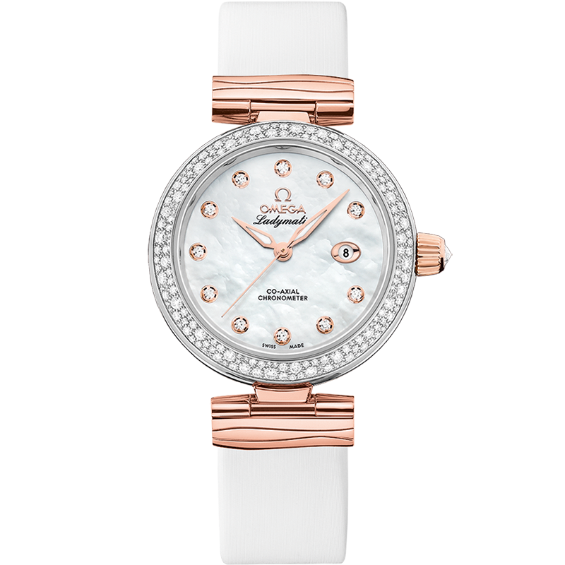 Omega De Ville Ladymatic 34 mm White Dial with Diamonds  Stainless Steel Sedna™ 18k Rose Gold Strap 425.27.34.20.55.004 - WATCHXNYC