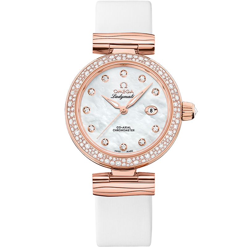 Omega De Ville Ladymatic 34 mm White Dial with Diamonds  Sedna™ 18k Rose Gold Strap 425.67.34.20.55.008 - WATCHXNYC