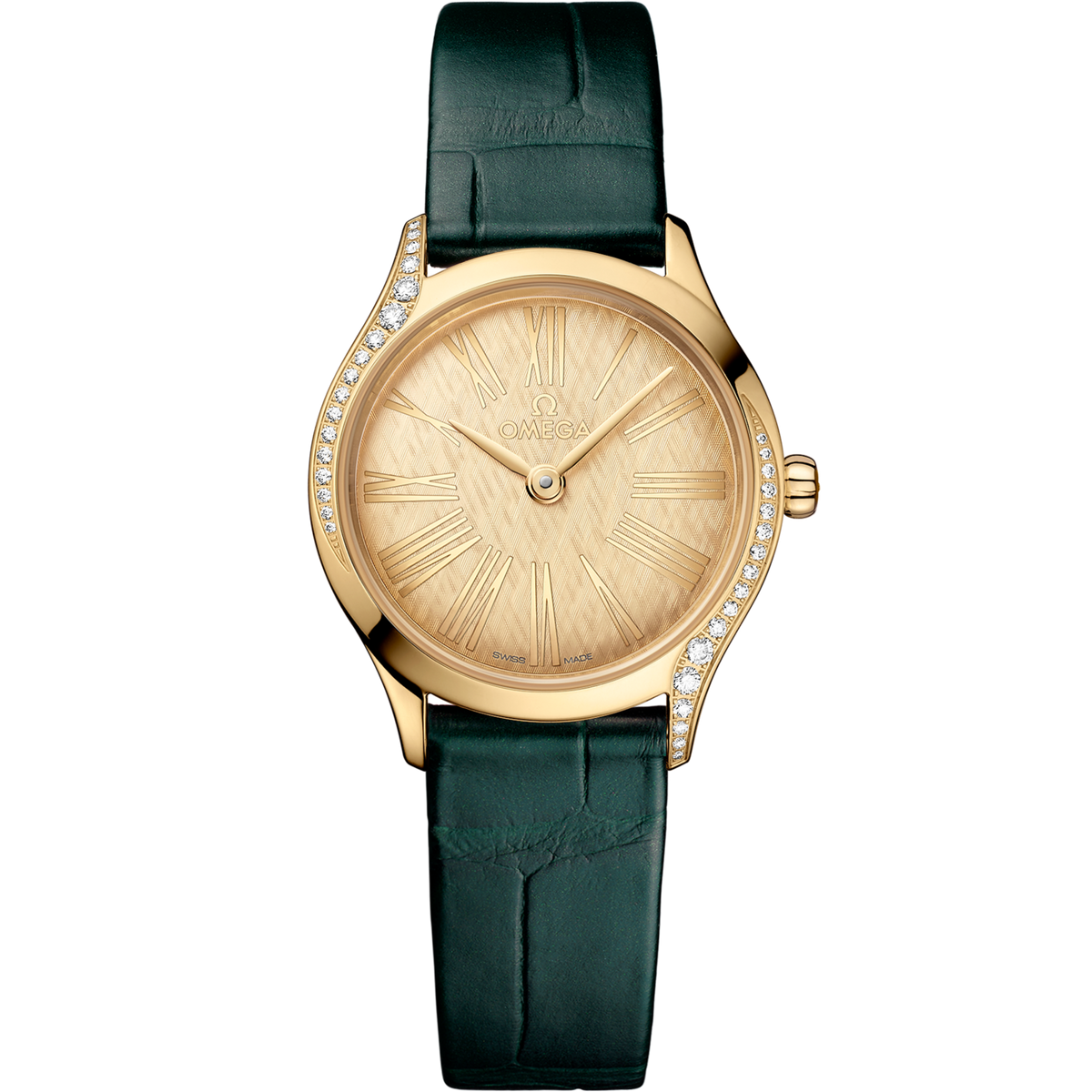 Omega De Ville Mini Trésor 26 mm Yellow Dial with Diamonds Moonshine™ 18k Gold   Leather Strap 428.58.26.60.99.001 - WATCHXNYC
