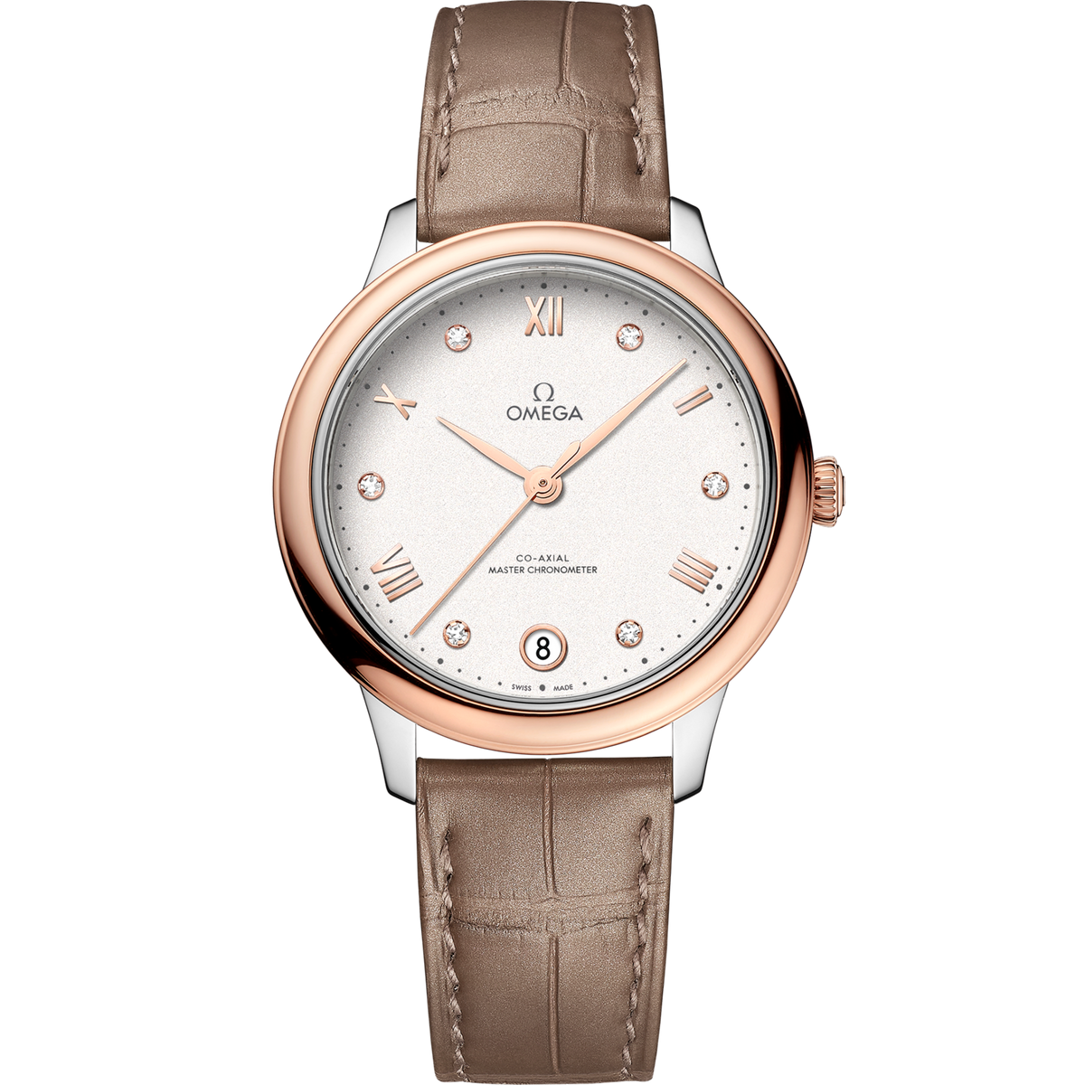 Omega De Ville Prestige 34 mm Silver Dial with Diamonds Stainless Steel and Sedna™ 18k Rose Gold Strap 434.23.34.20.52.001 - WATCHXNYC