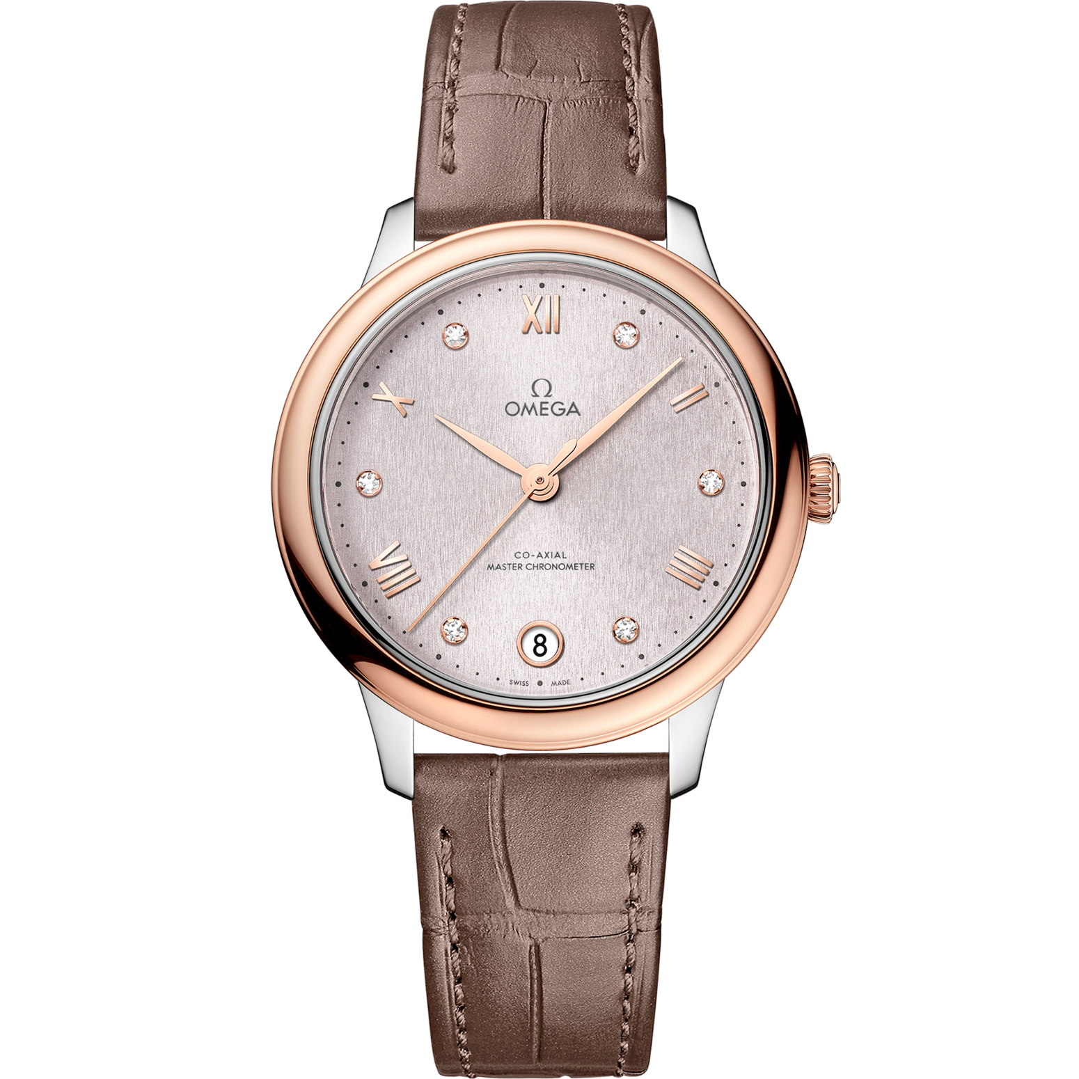 Omega De Ville Prestige 34 mm Silver Dial with Diamonds Stainless Steel and Sedna™ 18k Rose Gold Strap 434.23.34.20.52.003 - WATCHXNYC