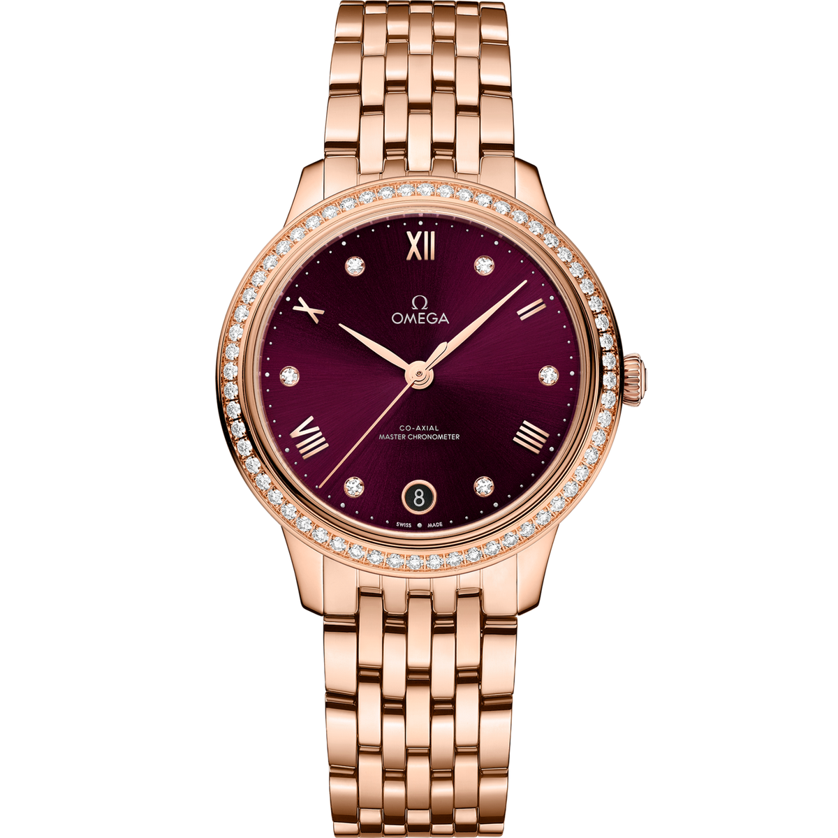 Omega De Ville Prestige 34 mm Red Dial with Diamonds Sedna™ 18k Rose Gold Bracelet 434.55.34.20.61.001 - WATCHXNYC