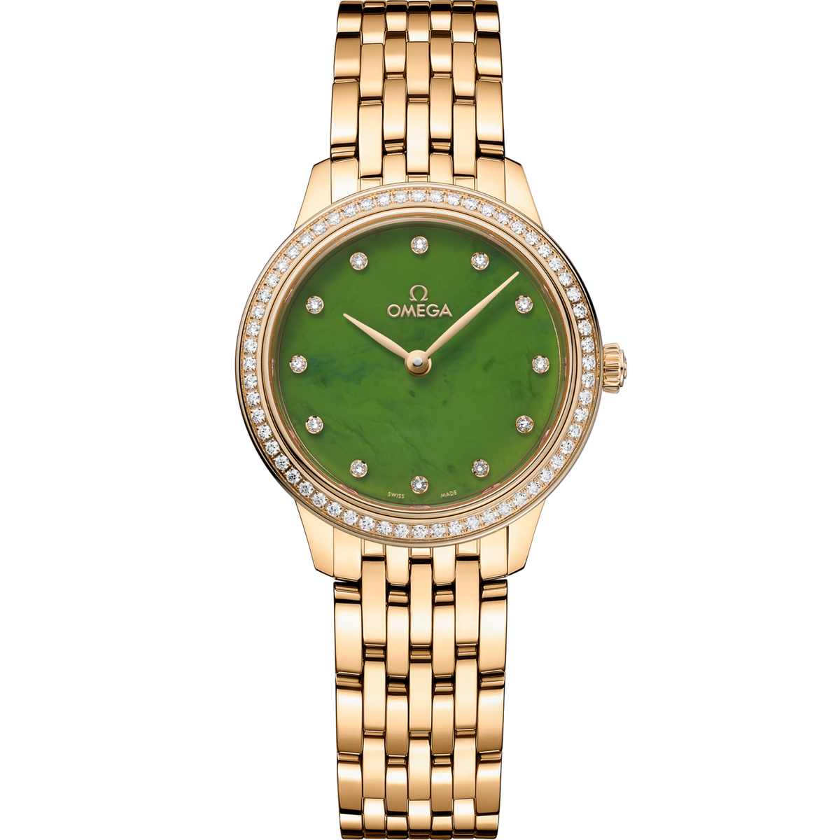 Omega De Ville Prestige 27.5 mm Green jade Dial with Diamonds 18k Yellow Gold Strap 434.55.28.60.99.001 - WATCHXNYC