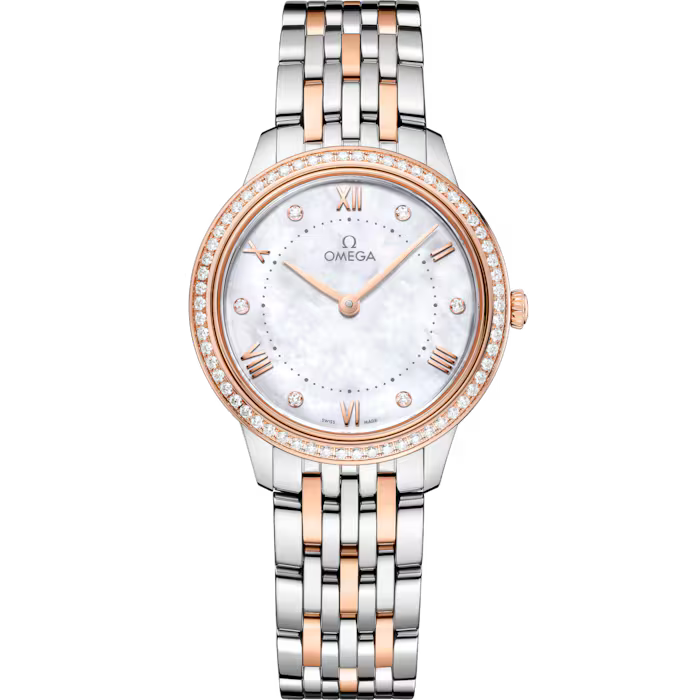 OMEGA De Ville Prestige Quartz 30mm White dial Steel ‑ Sedna™ gold bracelet 434.25.30.60.55.001 - WATCHXNYC