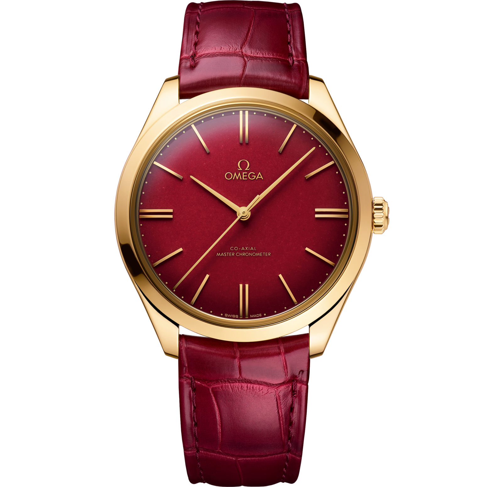 Omega De Ville Trésor 40 mm Red Dial 18k Yellow Gold Strap 435.53.40.21.11.001 - WATCHXNYC